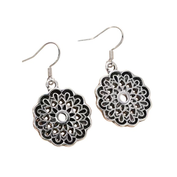 Vintage Style Antique Silver Flower Drop Earrings - Picture 1 of 4